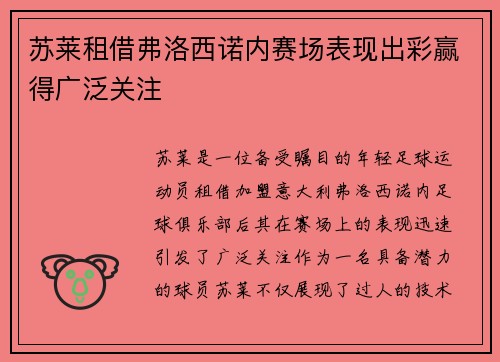 苏莱租借弗洛西诺内赛场表现出彩赢得广泛关注 苏莱租借弗洛西诺内赛场表现出彩赢得广泛关注